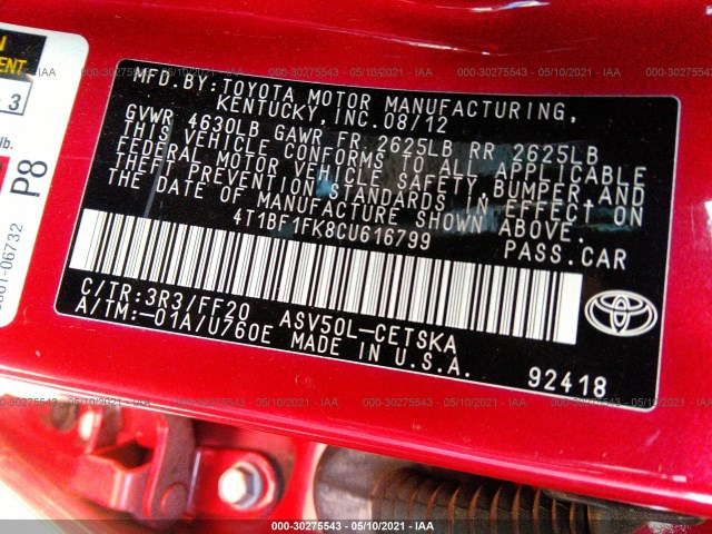 Photo 8 VIN: 4T1BF1FK8CU616799 - TOYOTA CAMRY 