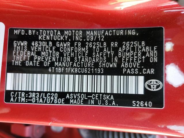 Photo 11 VIN: 4T1BF1FK8CU621193 - TOYOTA CAMRY 