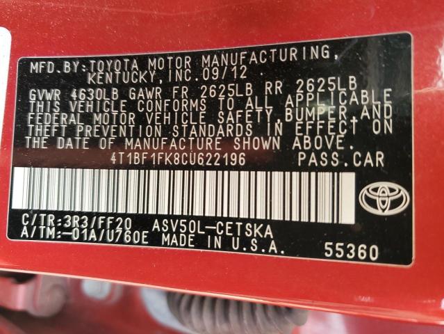 Photo 11 VIN: 4T1BF1FK8CU622196 - TOYOTA CAMRY SE A 