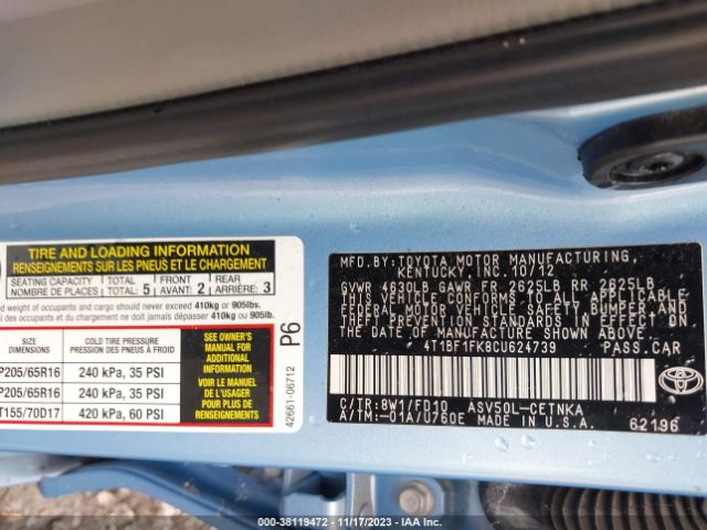 Photo 8 VIN: 4T1BF1FK8CU624739 - TOYOTA CAMRY 