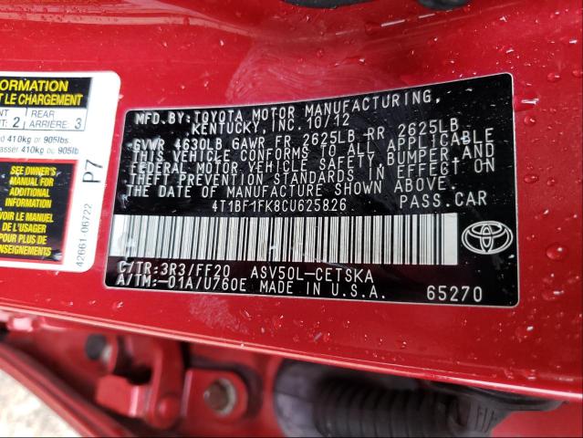 Photo 9 VIN: 4T1BF1FK8CU625826 - TOYOTA CAMRY BASE 