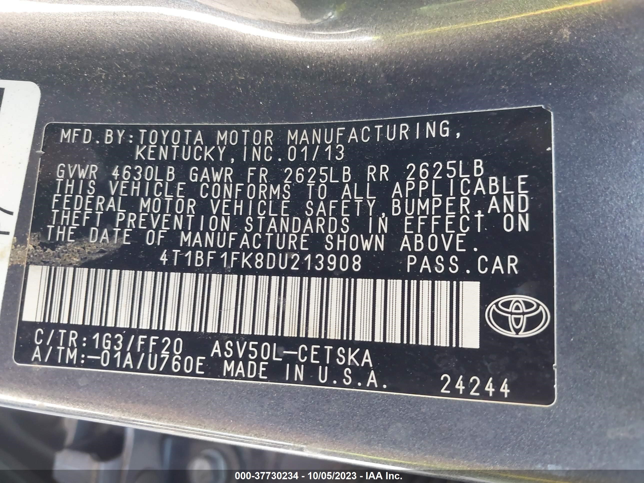 Photo 8 VIN: 4T1BF1FK8DU213908 - TOYOTA CAMRY 