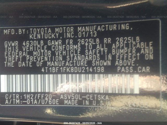 Photo 8 VIN: 4T1BF1FK8DU214198 - TOYOTA CAMRY 