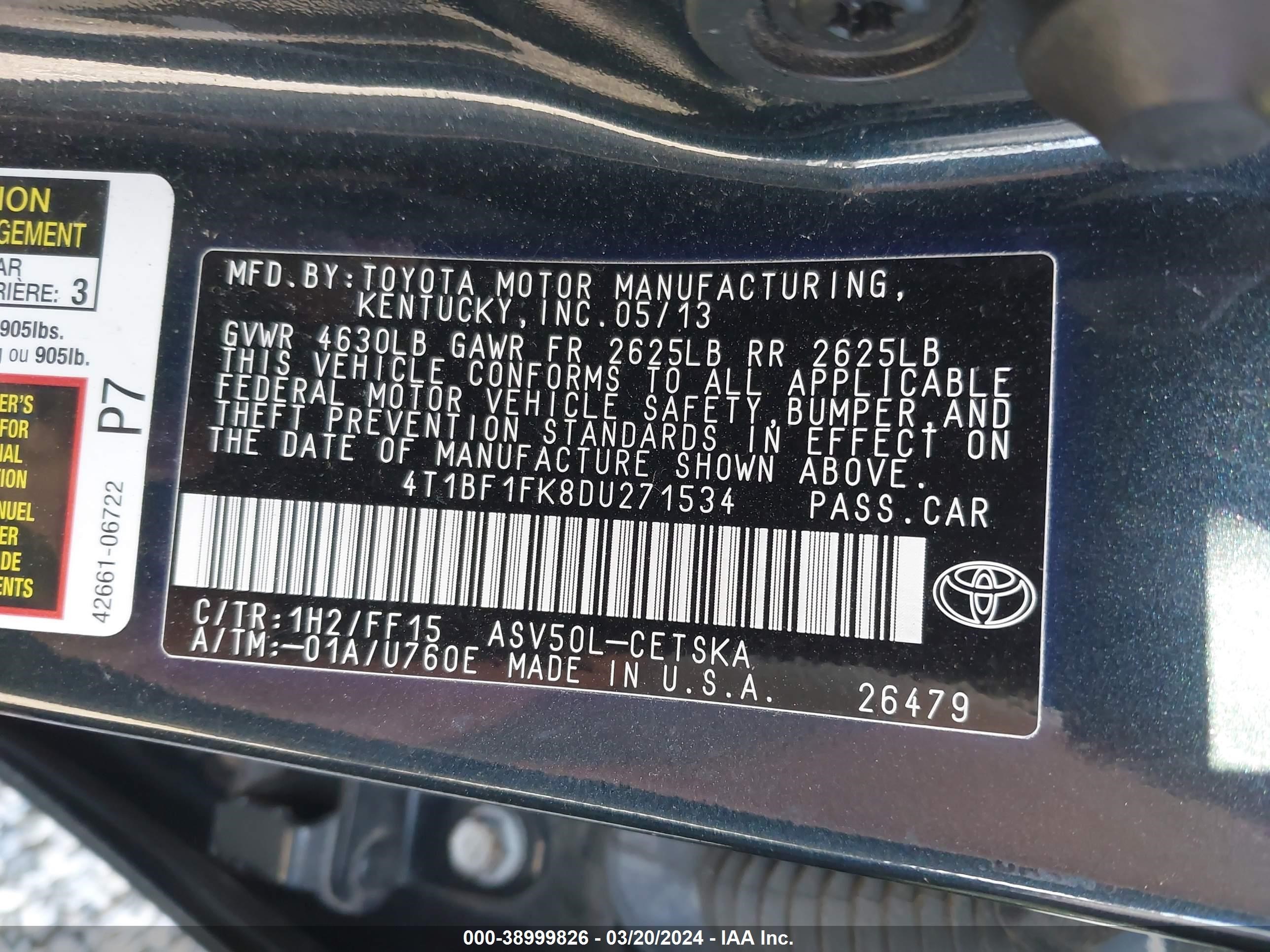 Photo 8 VIN: 4T1BF1FK8DU271534 - TOYOTA CAMRY 