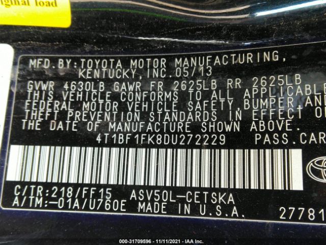 Photo 8 VIN: 4T1BF1FK8DU272229 - TOYOTA CAMRY 