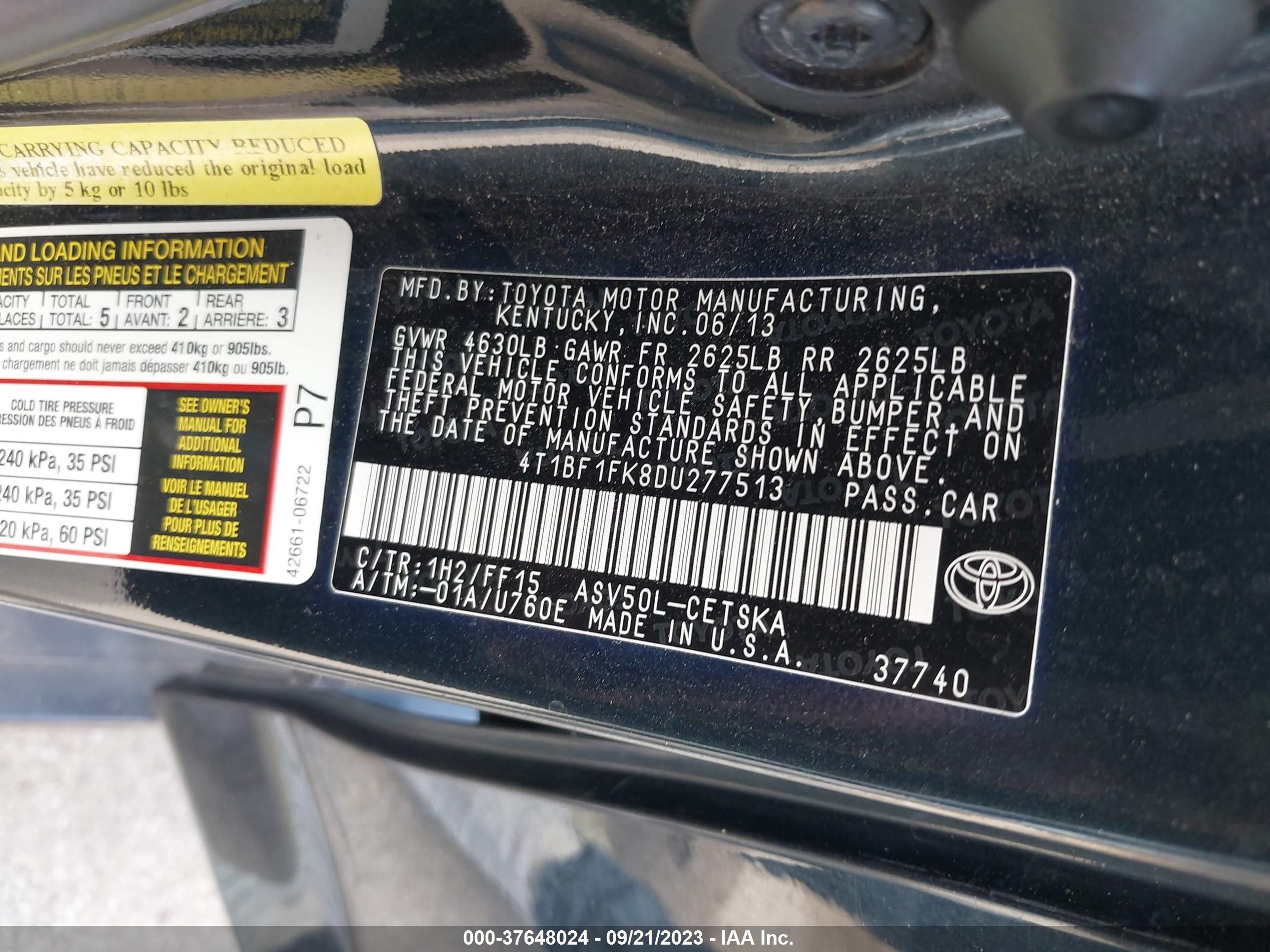 Photo 8 VIN: 4T1BF1FK8DU277513 - TOYOTA CAMRY 