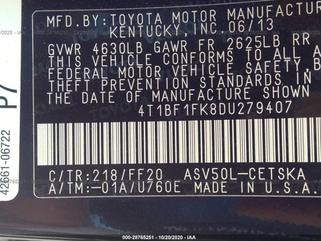 Photo 8 VIN: 4T1BF1FK8DU279407 - TOYOTA CAMRY 