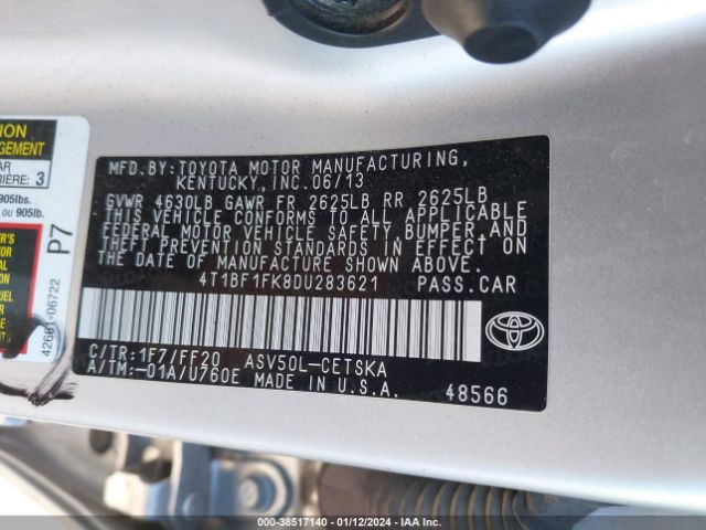 Photo 8 VIN: 4T1BF1FK8DU283621 - TOYOTA CAMRY 