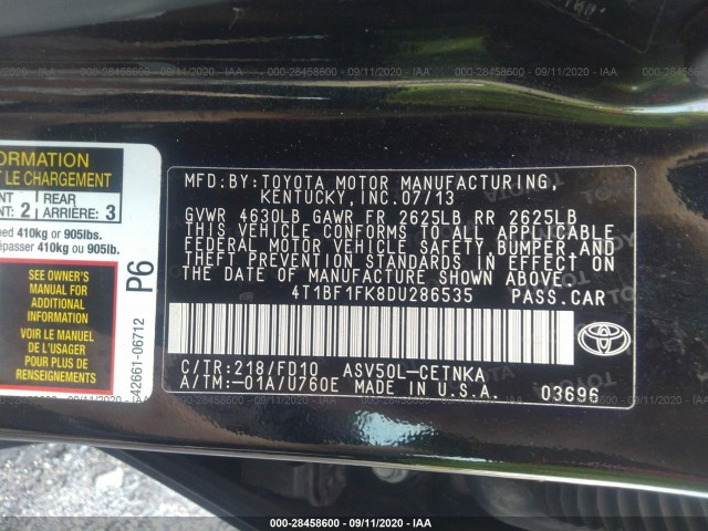 Photo 8 VIN: 4T1BF1FK8DU286535 - TOYOTA CAMRY 