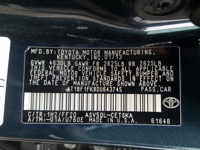 Photo 9 VIN: 4T1BF1FK8DU643745 - TOYOTA CAMRY L 