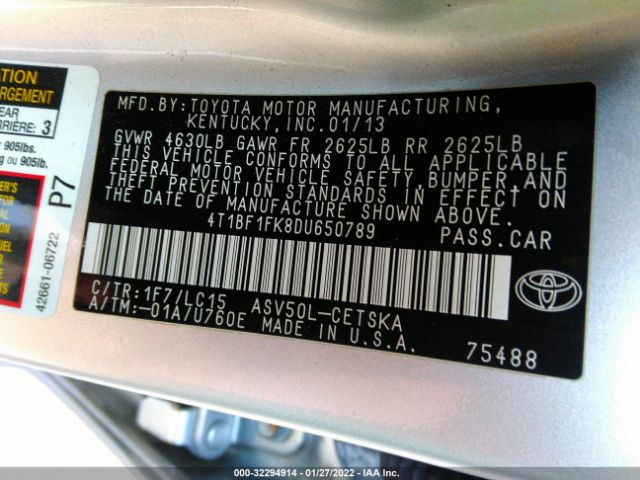 Photo 8 VIN: 4T1BF1FK8DU650789 - TOYOTA CAMRY 