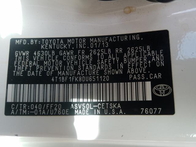 Photo 9 VIN: 4T1BF1FK8DU651120 - TOYOTA CAMRY L 