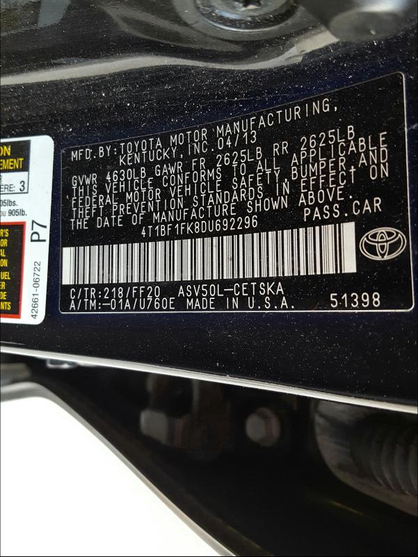 Photo 9 VIN: 4T1BF1FK8DU692296 - TOYOTA CAMRY L 