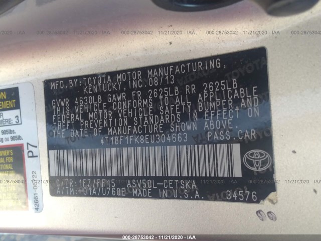 Photo 8 VIN: 4T1BF1FK8EU304663 - TOYOTA CAMRY 