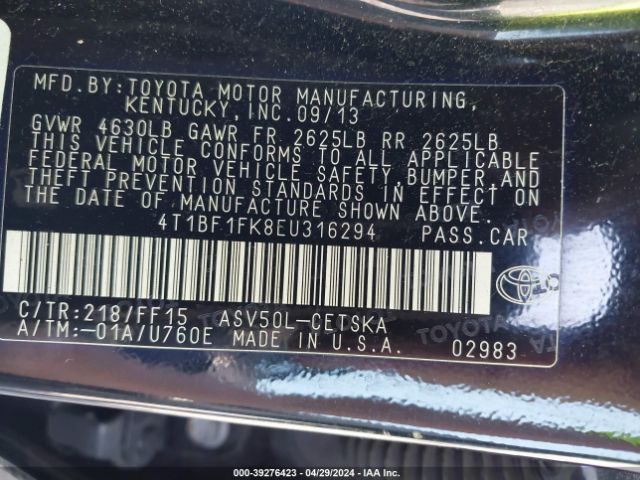 Photo 8 VIN: 4T1BF1FK8EU316294 - TOYOTA CAMRY 