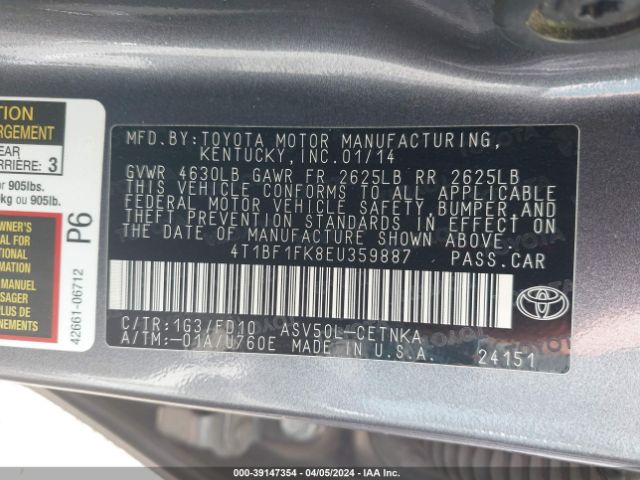 Photo 8 VIN: 4T1BF1FK8EU359887 - TOYOTA CAMRY 