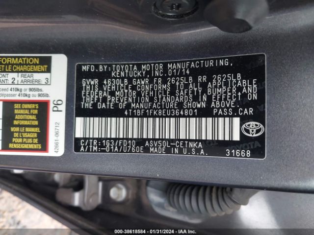 Photo 8 VIN: 4T1BF1FK8EU364801 - TOYOTA CAMRY 