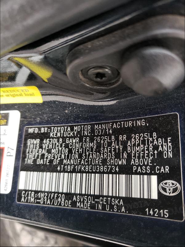 Photo 9 VIN: 4T1BF1FK8EU386734 - TOYOTA CAMRY L 