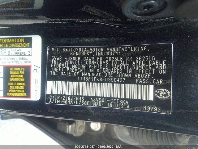 Photo 8 VIN: 4T1BF1FK8EU390427 - TOYOTA CAMRY 