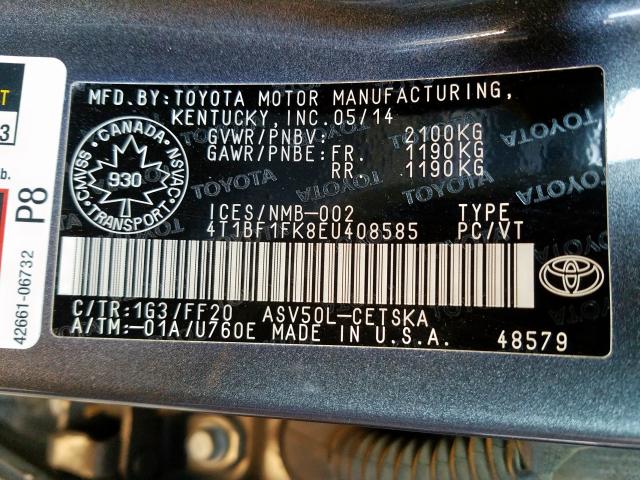 Photo 9 VIN: 4T1BF1FK8EU408585 - TOYOTA CAMRY L 