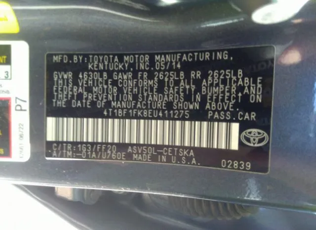 Photo 8 VIN: 4T1BF1FK8EU411275 - TOYOTA CAMRY 