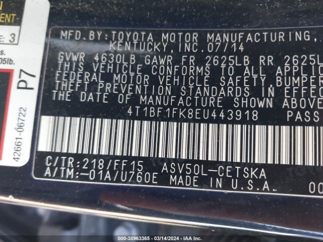 Photo 8 VIN: 4T1BF1FK8EU443918 - TOYOTA CAMRY 