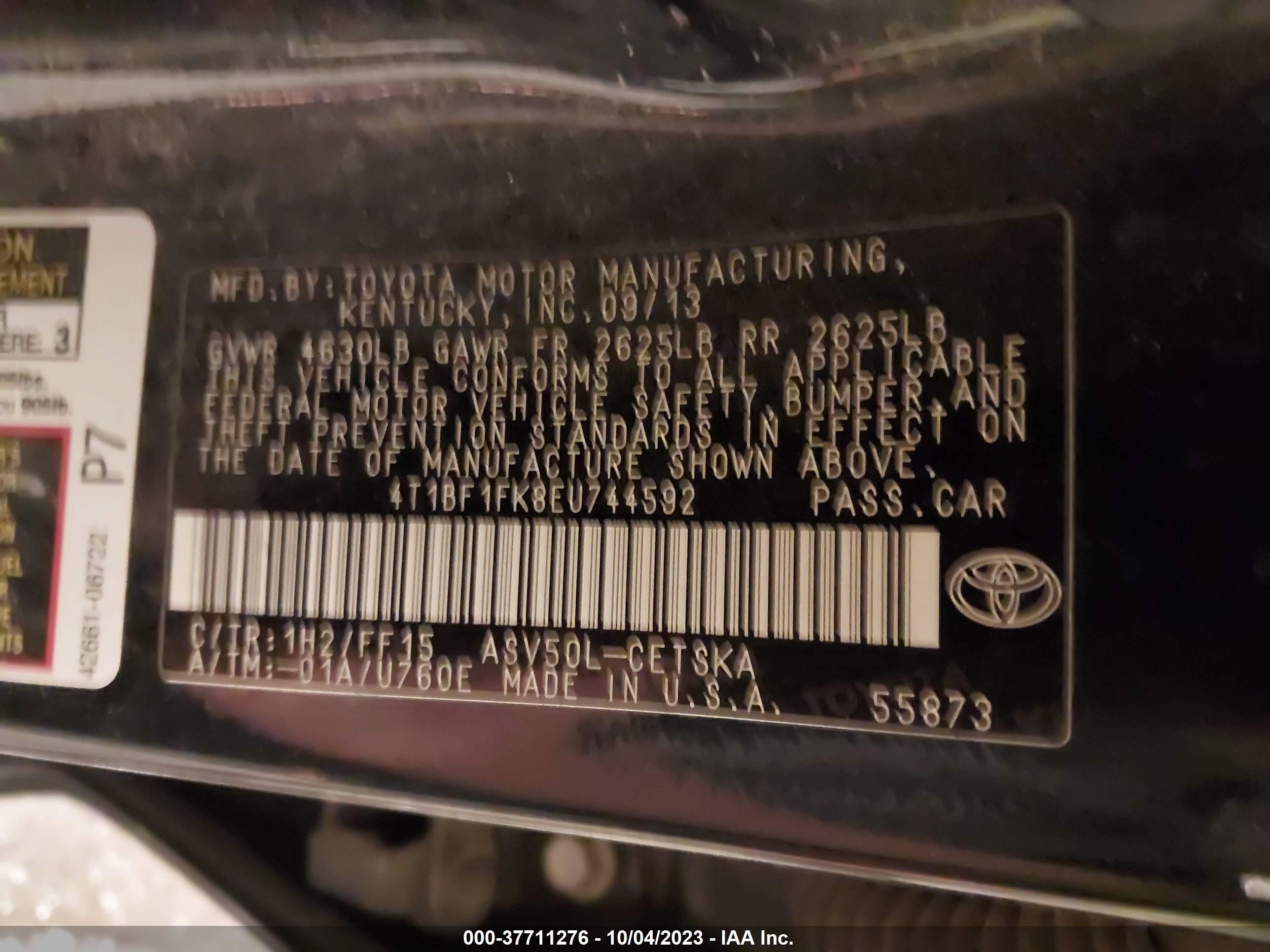 Photo 8 VIN: 4T1BF1FK8EU744592 - TOYOTA CAMRY 