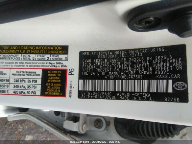 Photo 8 VIN: 4T1BF1FK8EU767502 - TOYOTA CAMRY 