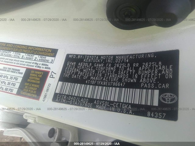 Photo 8 VIN: 4T1BF1FK8EU786647 - TOYOTA CAMRY 