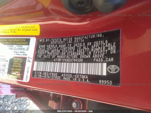 Photo 8 VIN: 4T1BF1FK8EU794599 - TOYOTA CAMRY 