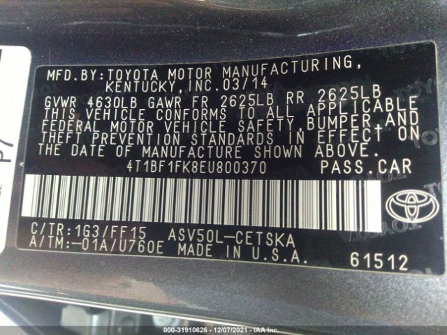 Photo 8 VIN: 4T1BF1FK8EU800370 - TOYOTA CAMRY 