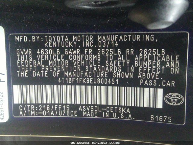 Photo 8 VIN: 4T1BF1FK8EU800451 - TOYOTA CAMRY 