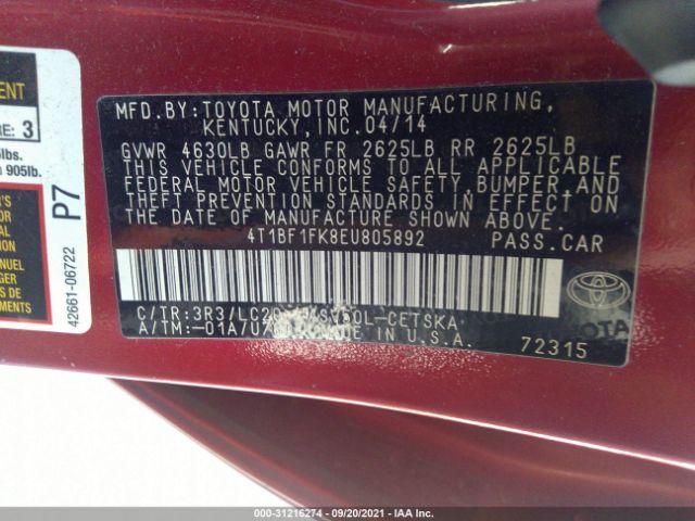 Photo 8 VIN: 4T1BF1FK8EU805892 - TOYOTA CAMRY 