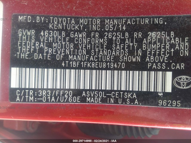 Photo 8 VIN: 4T1BF1FK8EU819470 - TOYOTA CAMRY 