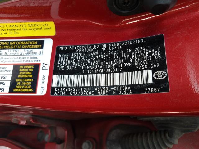 Photo 9 VIN: 4T1BF1FK8EU839427 - TOYOTA CAMRY L 