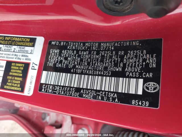 Photo 8 VIN: 4T1BF1FK8EU844353 - TOYOTA CAMRY 