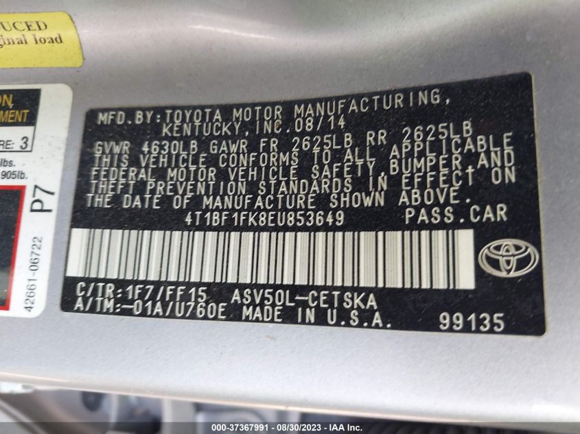 Photo 8 VIN: 4T1BF1FK8EU853649 - TOYOTA CAMRY 