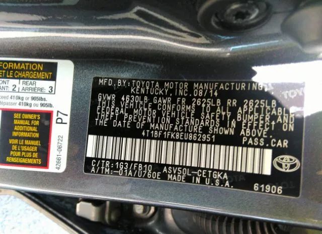 Photo 8 VIN: 4T1BF1FK8EU862951 - TOYOTA CAMRY 