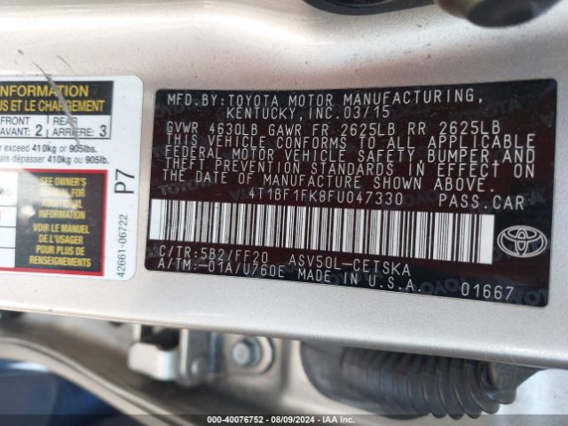 Photo 8 VIN: 4T1BF1FK8FU047330 - TOYOTA CAMRY 