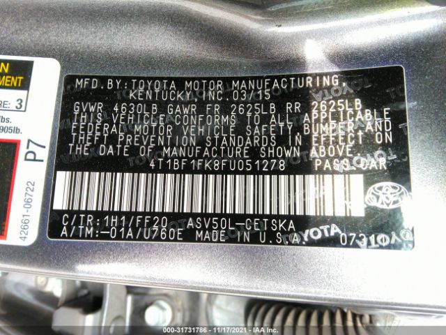 Photo 8 VIN: 4T1BF1FK8FU051278 - TOYOTA CAMRY 