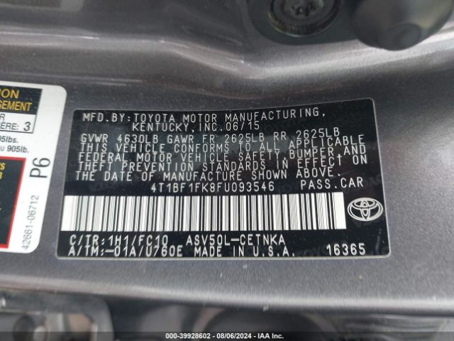 Photo 8 VIN: 4T1BF1FK8FU093546 - TOYOTA CAMRY 