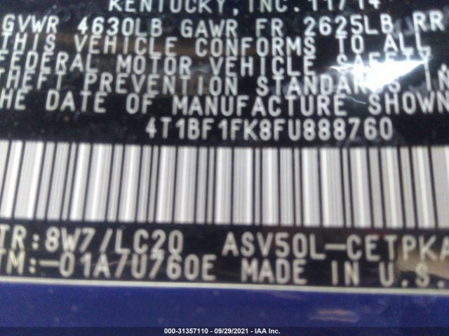 Photo 8 VIN: 4T1BF1FK8FU888760 - TOYOTA CAMRY 