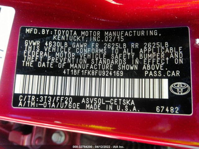 Photo 8 VIN: 4T1BF1FK8FU924169 - TOYOTA CAMRY 