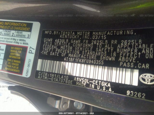 Photo 8 VIN: 4T1BF1FK8FU940355 - TOYOTA CAMRY 