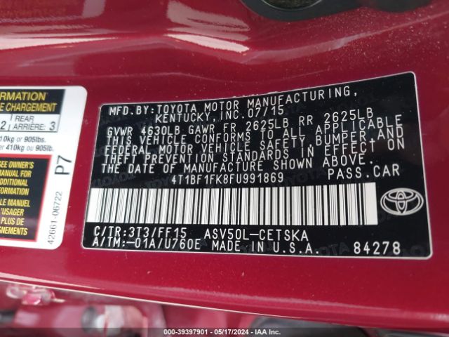 Photo 8 VIN: 4T1BF1FK8FU991869 - TOYOTA CAMRY 