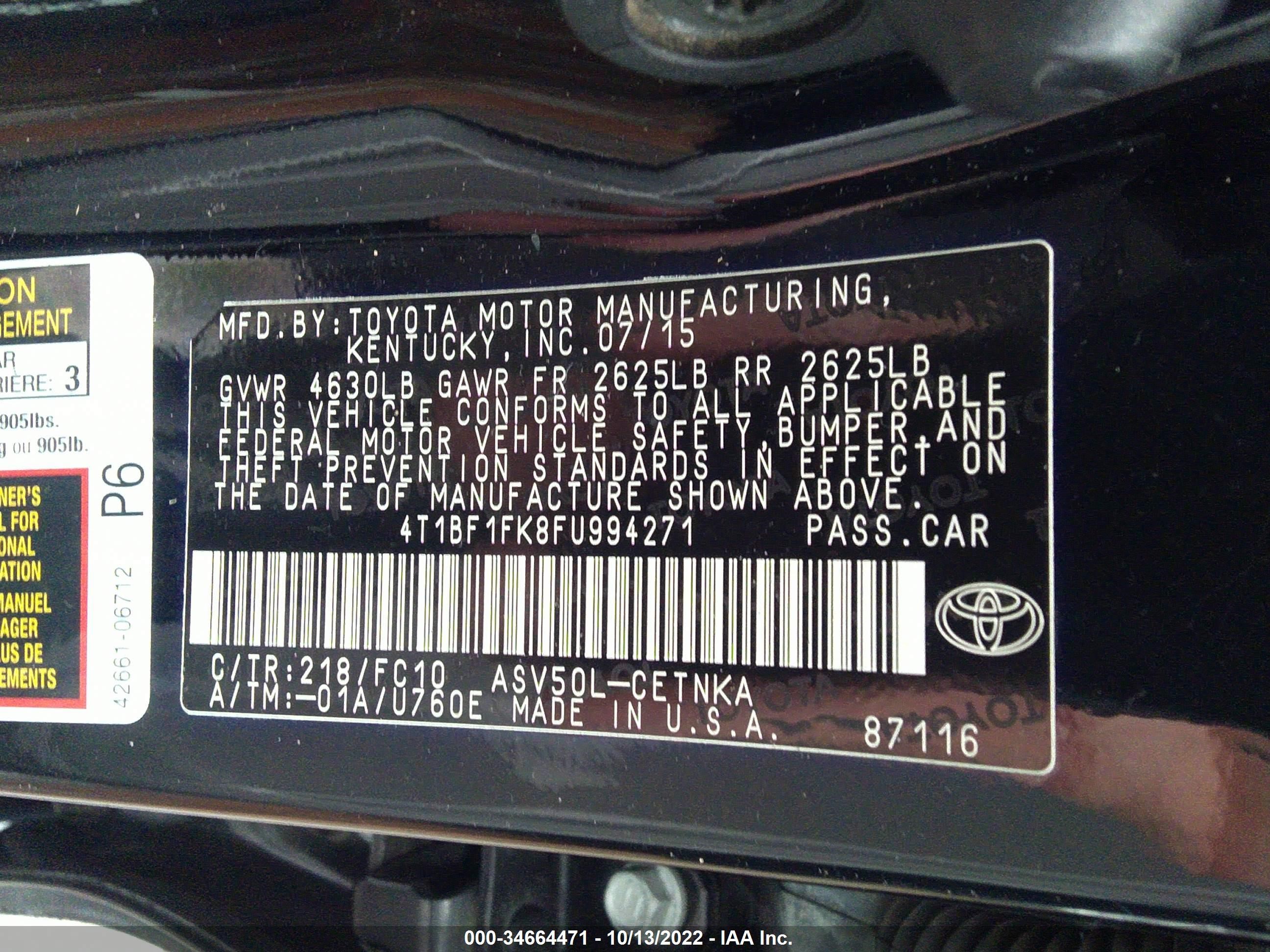 Photo 8 VIN: 4T1BF1FK8FU994271 - TOYOTA CAMRY 