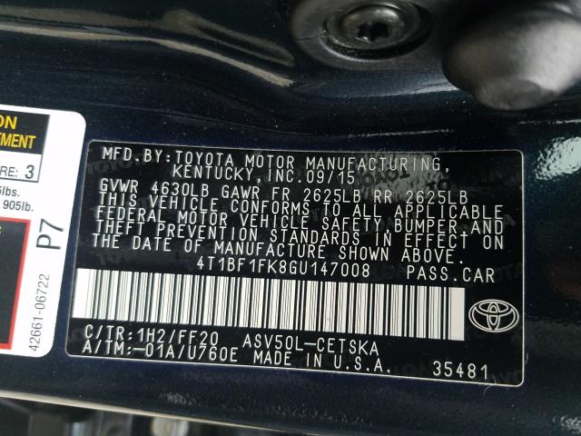 Photo 9 VIN: 4T1BF1FK8GU147008 - TOYOTA CAMRY LE 