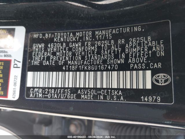 Photo 8 VIN: 4T1BF1FK8GU167470 - TOYOTA CAMRY 