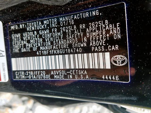 Photo 9 VIN: 4T1BF1FK8GU184740 - TOYOTA CAMRY 