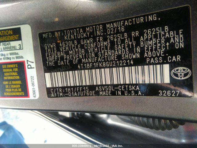 Photo 8 VIN: 4T1BF1FK8GU212214 - TOYOTA CAMRY 